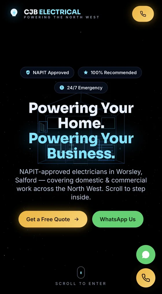 CJB Electrical 3D site on mobile — wireframe house