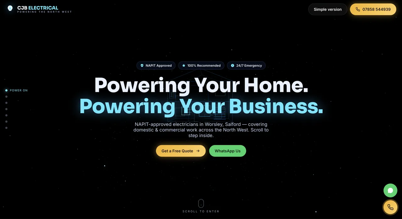 CJB Electrical — real-time 3D website, fly-through hero