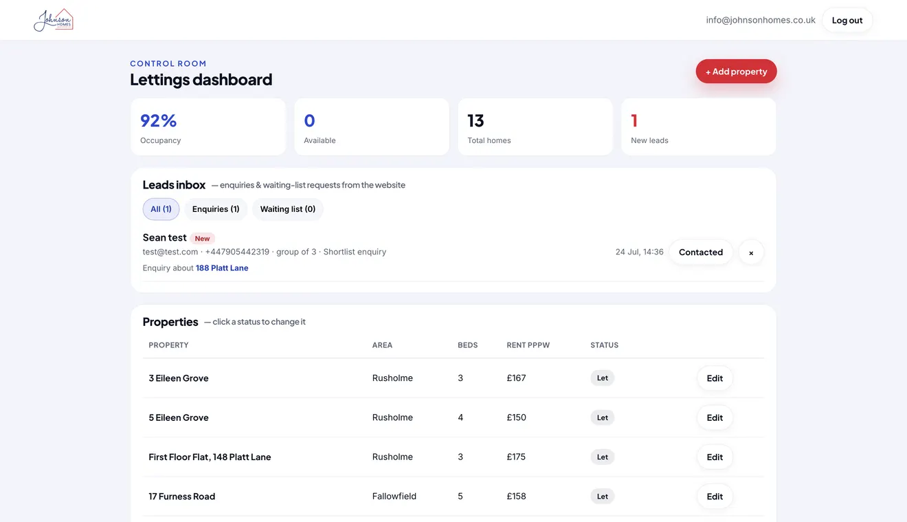 Johnson Homes — the agent dashboard the family run themselves