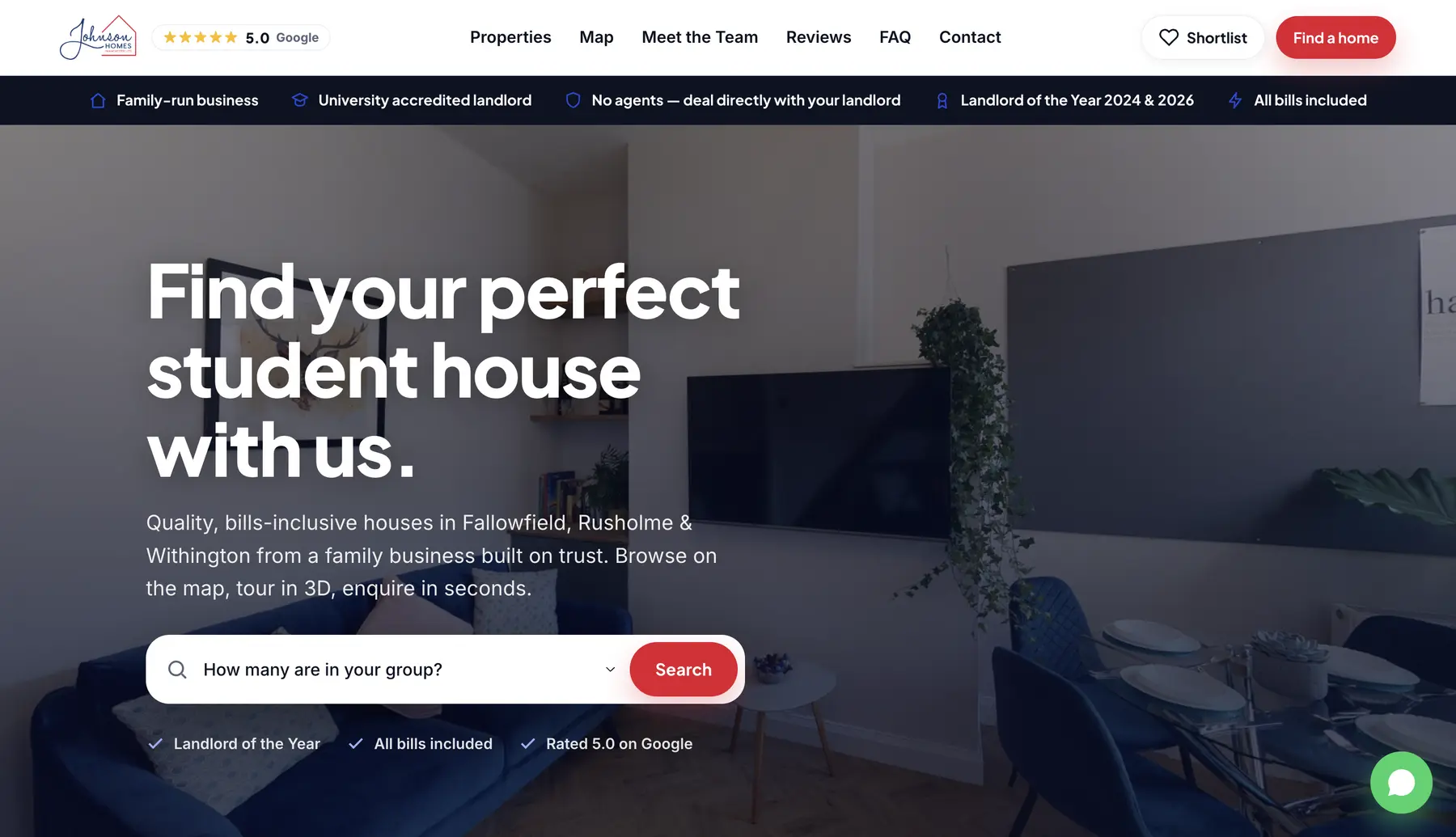 Johnson Homes homepage — group-size search over the hero
