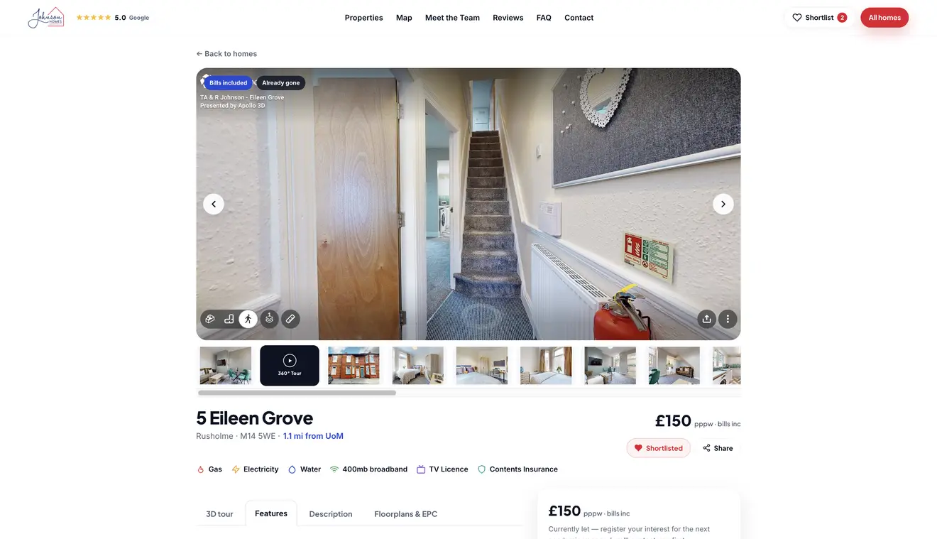 Johnson Homes — property page with gallery, bills and 3D tour