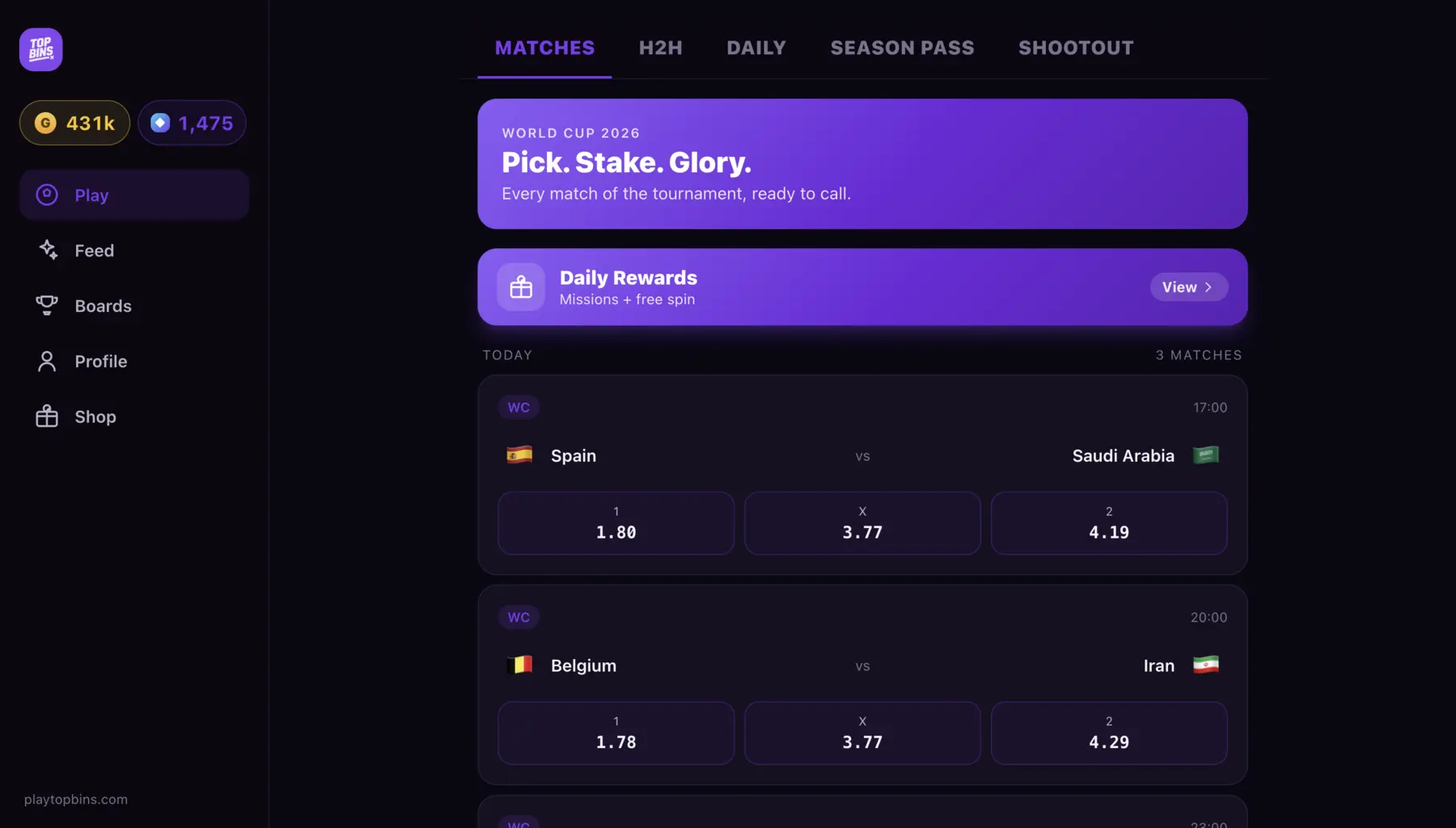 Top Bins — World Cup 2026 match list with live odds