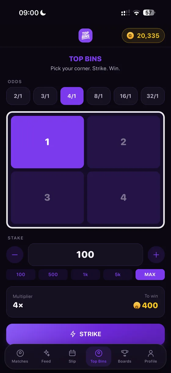 Top Bins native iOS app — the pick-your-corner game